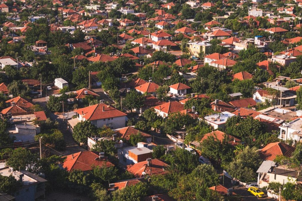 aerial orthophoto view of residential rooftops and houses in a suburban neighborhood